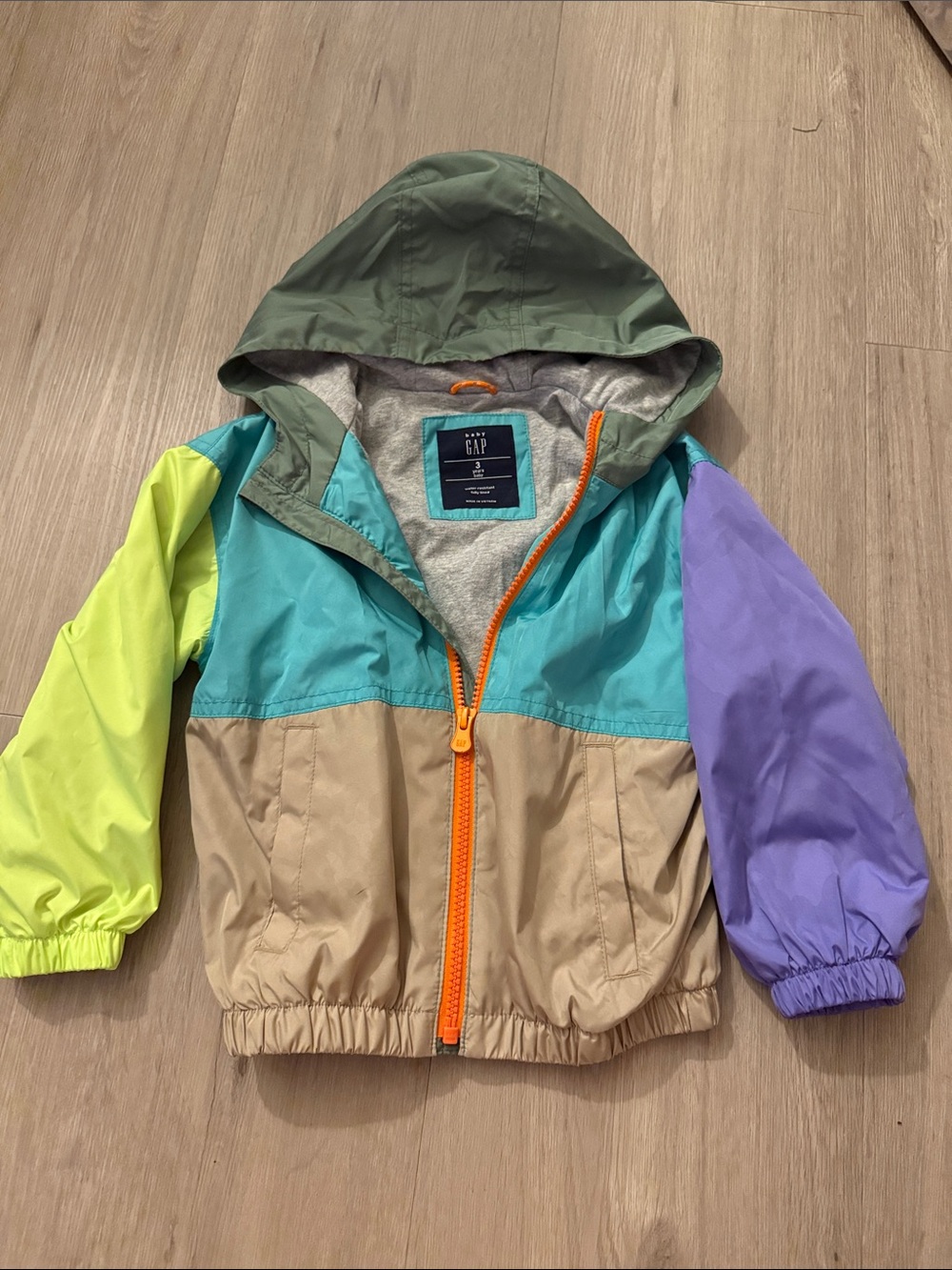 GAP Colorblock Hooded Rain Jacket in Green, Teal, Tan, Purple and Lime